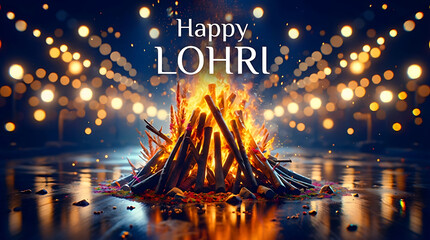 Glowing happy lohri festival concept with burning wooden bonfire and bright bokeh lights background portraying warmth of traditional indian winter harvest celebration