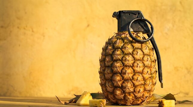 Conceptual image of danger and irony,featuring a pineapple turned into a hand grenade,fusing tropical fruit and weapon elements in a surreal visual metaphor