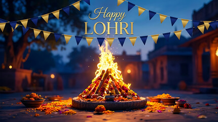 Realistic happy lohri festival background featuring glowing bonfire in village courtyard with bunting flags and marigold flower decorations for indian winter celebration