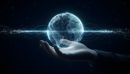 Hand holding glowing digital Earth with light streaks