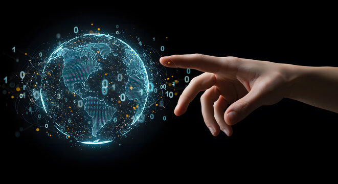 Human finger touching digital glowing Earth with binary code - Powered by Adobe