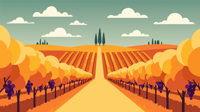 Golden Autumn Harvest Vector Illustration of a Vineyard Landscape with Rows of Grapes and Trees Under a Cloudy Sky