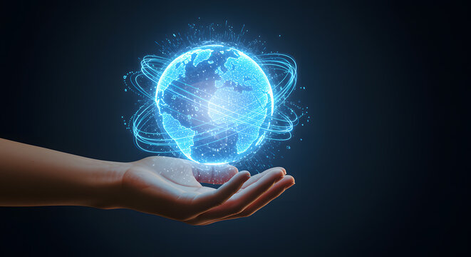 Human hand holding glowing blue digital earth with orbiting lines - Powered by Adobe