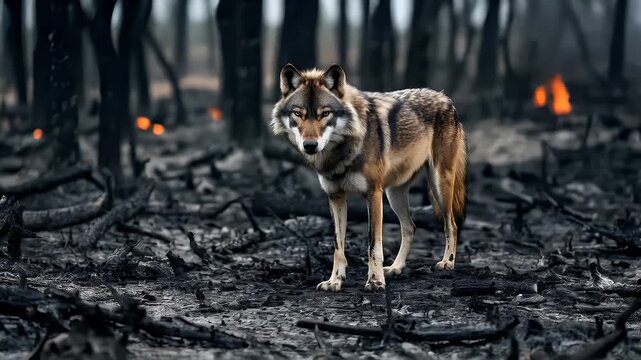 Natural disaster. Devastating loss aftermath scene. A wolf stands amidst a burned forest, its fur a mix of browns, blacks, and whites, with its eyes focused intently forward.