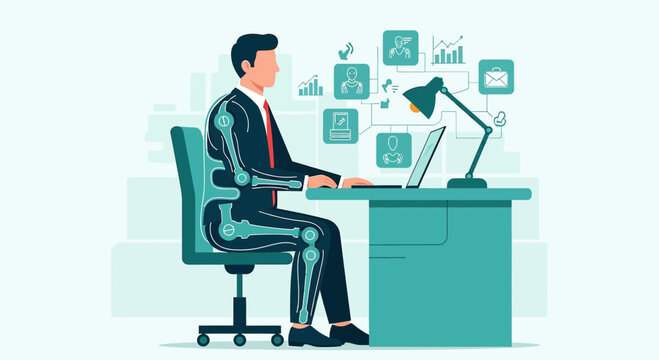 Office worker illustration with skeleton overlayed to show posture while sitting at desk