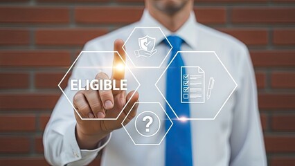 Businessman interacting with eligibility icons on virtual interface