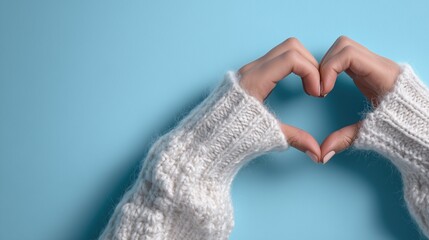 Hands forming heart shape wearing white knitted sweater