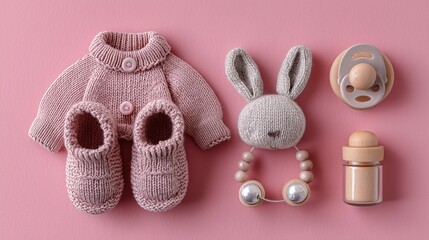 Knitted baby clothes and accessories on pink background