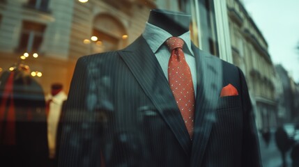 Stylish Male Mannequin in a Grey Pinstripe Suit Displayed in a Retail Store Window, Luxury Fashion Retail.