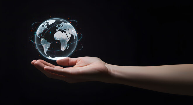 Human hand holding glowing digital globe with network connections - Powered by Adobe