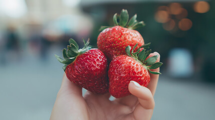 A person is holding three strawberries in their hand