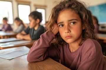 Young Black girl, approximately 10 years old, sits at a desk in a sunlit classroom, displaying a thoughtful expression while surrounded by classmates, reflecting on her learning experience
