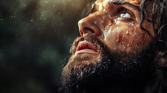 Intense Jesus Portrait: Determined Athlete's Focused Gaze, Sweat, Strength, Resilience, and Raw Emotion Captured in Close-Up Detail.