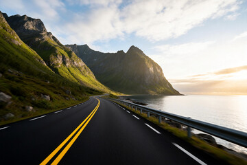 Scenic Coastal Road with Mountain Backdrop at Sunset