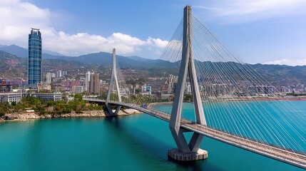 Obraz premium A stunning view of a modern cable-stayed bridge spanning a turquoise body of water, surrounded by vibrant cityscapes and mountains, Ideal for travel, architecture, and urban development themes,