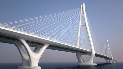 A modern cable-stayed bridge spans over calm waters, showcasing sleek design and architectural elegance under a clear sky, Ideal for engineering projects, travel brochures