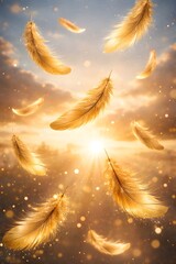Golden feathers gently floating down from the sky, glowing in warm sunlight with soft bokeh and clouds in the background. The image symbolizes freedom, hope, luxury, spirituality, magic, and elegance.