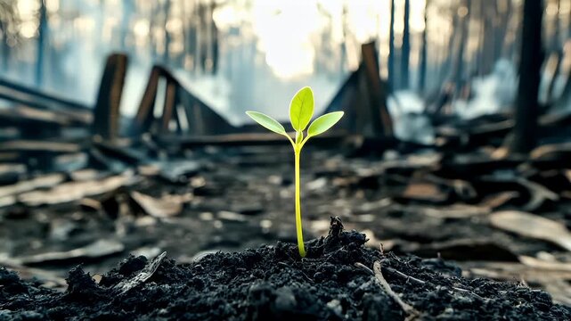 Natural disaster. Devastating loss aftermath scene. A young plant sprouting from the ground amidst the aftermath of a devastating fire. The scene is dominated by the charred remains of a house.