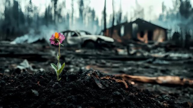 Natural disaster. Devastating loss aftermath scene. Aerial view of a burntout house amidst a forest fire, with a flower in the foreground and a car in the middle of the scene.