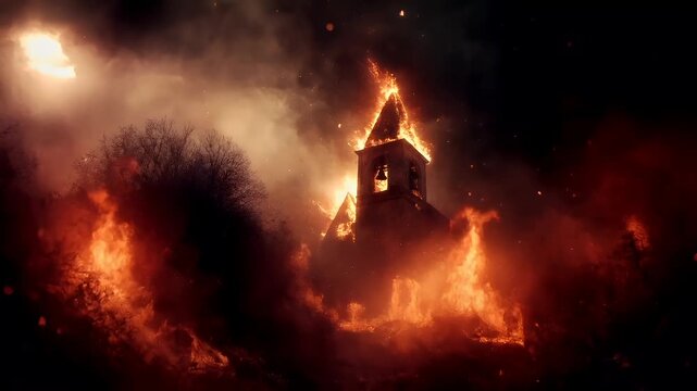Natural disaster. Devastating loss aftermath scene. A vivid portrayal of a church engulfed in flames, with a bell tower standing tall amidst the flames. The sky is ablaze with fiery hues of orange.