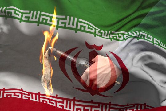 A political protest symbol with a fire and a bottle on the background of the Iranian flag.