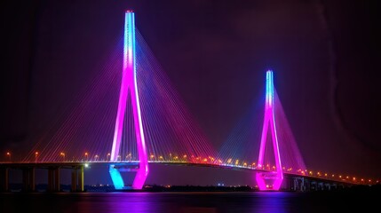 A stunning cable-stayed bridge illuminated in vibrant pink and blue hues against a dark night sky, showcasing an architectural marvel, Ideal for urban development, travel, and architecture themes,