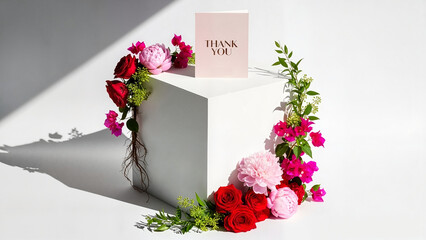 Elegant gift presentation with flowers and thank you card, perfect for events, marketing, and appreciation