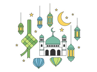 Celebration of a festive night with mosque, lanterns, and stars in a serene environment