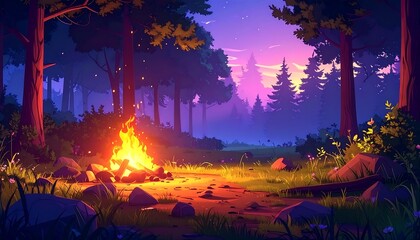 Campfire at night in a forest, warm light against dark trees and dusky sky