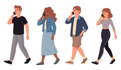 Obraz premium Diverse young adults talking on phones while walking