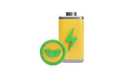 3D Battery Icon with Green Leaf Symbol