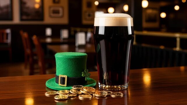 Pint of dark stout beer and green leprechaun hat with gold coins on a wooden bar. St. Patrick's Day celebration concept in a pub setting. Traditional Irish holiday drink and symbols