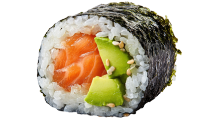 Fresh maki and salmon sashimi sushi rolls with chopsticks on a white plate isolated for a healthy Japanese seafood meal