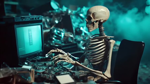 Electronic waste. Environment ecosystem pollution. Recycling. A surrealistic depiction of a skeleton in a cluttered workspace, surrounded by electronic devices and a computer monitor.