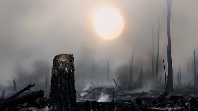 Deforestation. Environment conservation. Ecosystem. A bald eagle perched atop a tree stump in a misty forest setting. The eagles feathers are detailed, with a mix of browns and whites.