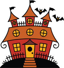 Cartoon haunted house with bats flying around spooky halloween decoration silhouette