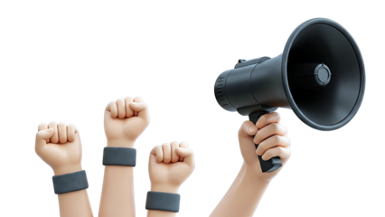 Protestors Raise Fists Holding Megaphone