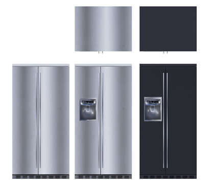 3D Rendered Set of Side-by-Side Refrigerators in Front and Top Views, Modern Kitchen Appliances Collection