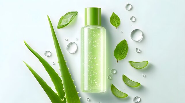 A clear bottle containing green aloe vera gel or toner artfully arranged with fresh aloe leaves slices and shimmering water droplets on a light background evoking natural beauty and wellness