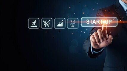 Businessman launching startup with innovative ideas and growth strategy