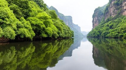A serene landscape featuring lush green trees lining a calm river, with mountains in the background creating a peaceful atmosphere, Ideal for nature-related projects, travel promotions