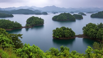 Fototapeta premium A serene landscape featuring tranquil waters surrounded by lush green islands and mountains in the distance, Ideal for travel blogs, nature photography, or as a backdrop for relaxation themes,
