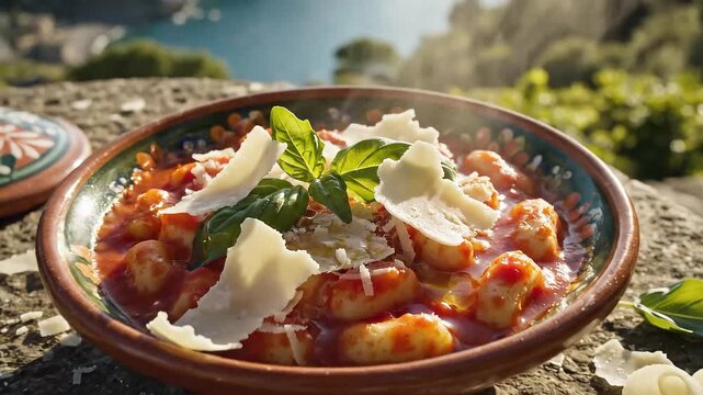 Delicious Italian gnocchi pasta dish with tomato sauce and fresh basil garnish being drizzled