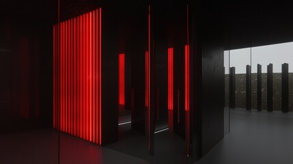 A futuristic art installation with red neon lights and black walls.