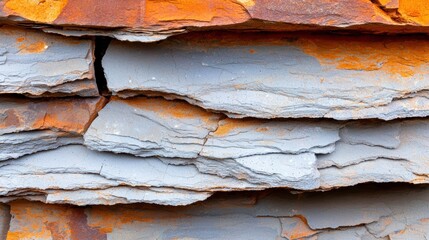 A close-up view of a rock wall with layers of gray and orange rock, showing signs of weathering and erosion.