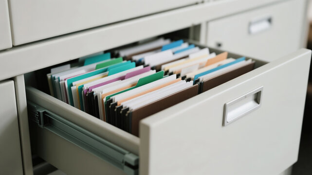 Close up view of office filing cabinet drawer with neatly arranged files