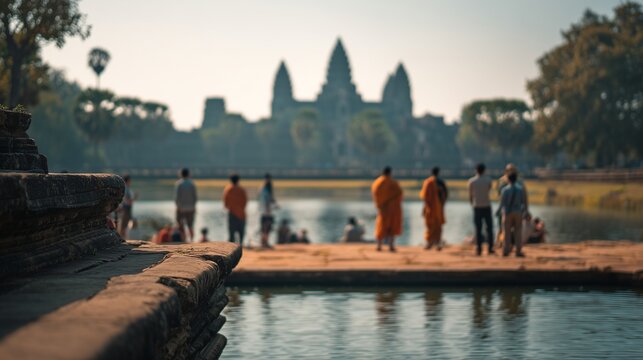 A group of men and women gather by the tranquil water, observing the majestic Angkor Wat temple in the distance. This scene captures the connection between visitors and the temple.