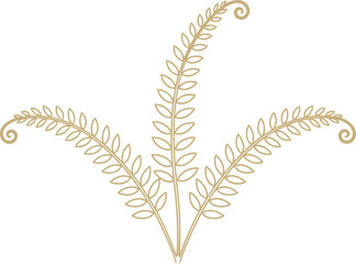 Elegant decorative fern leaf or branch element in gold outline style, perfect for wedding invitation, greeting card or heraldry design. Vector illustration