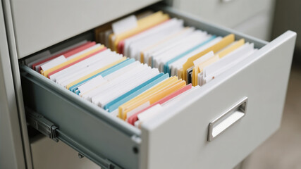 Close up view of office filing cabinet drawer with neatly arranged files