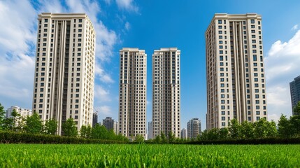 Obraz premium Modern residential towers rise above lush green lawns, under a bright blue sky, showcasing urban living and architectural design, Ideal for real estate marketing, urban development
